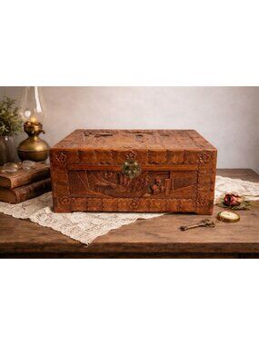 Vintage Camphor Wood Asian Village Scene Tribal Folk Art Storage Box 12"